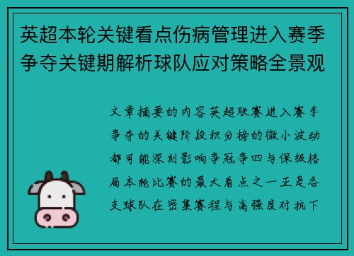 英超本轮关键看点伤病管理进入赛季争夺关键期解析球队应对策略全景观察